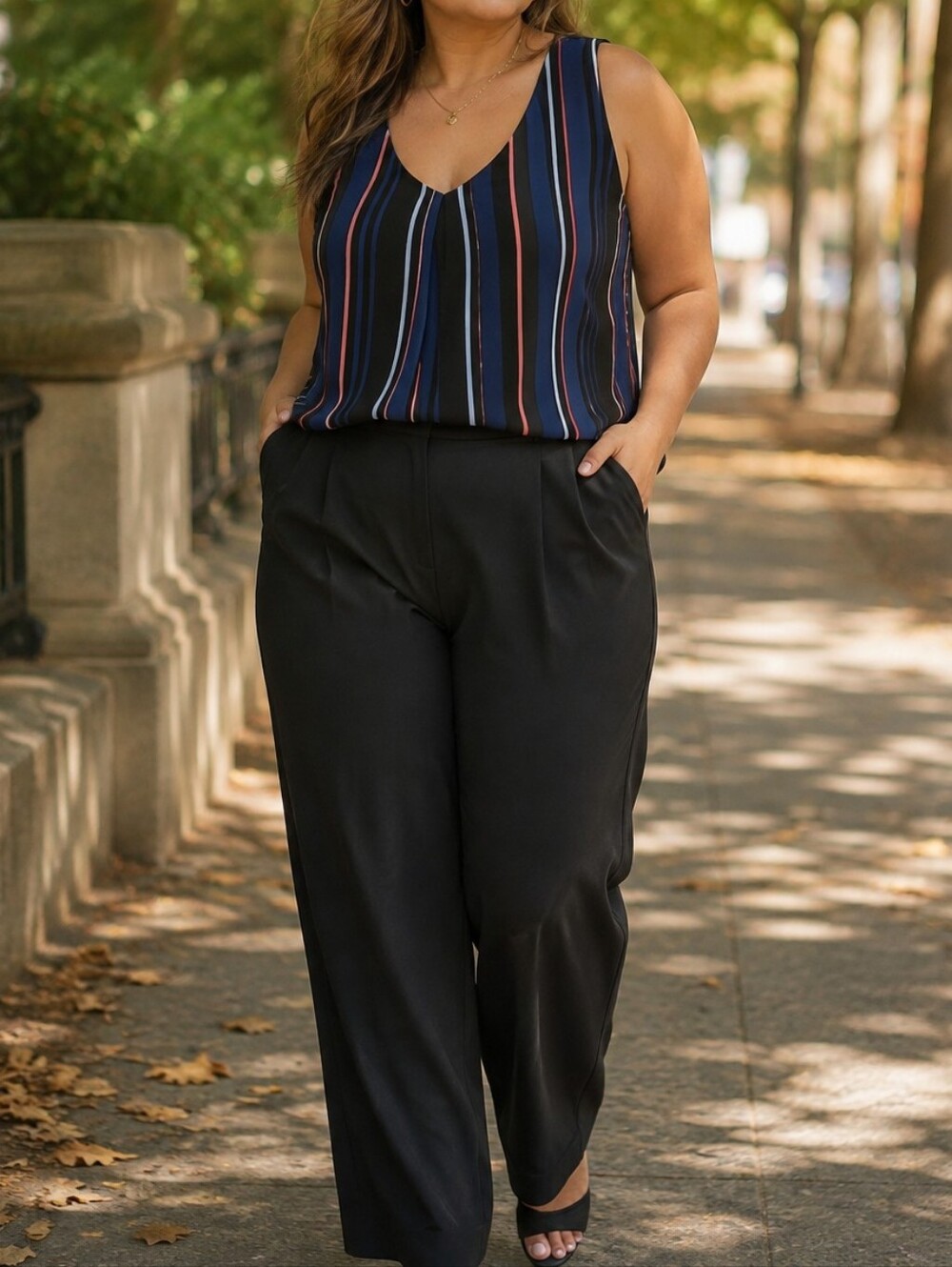 RW&CO. Striped Sleeveless Tank Blouse Black Navy Rust Pleated Flowy Casual Top